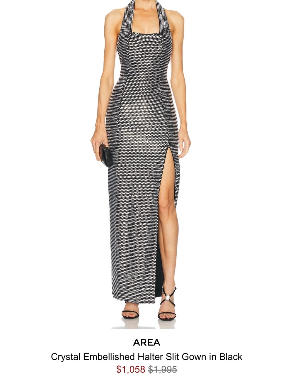 AREA Crystal Halter Gown with High Slit - Black & Silver